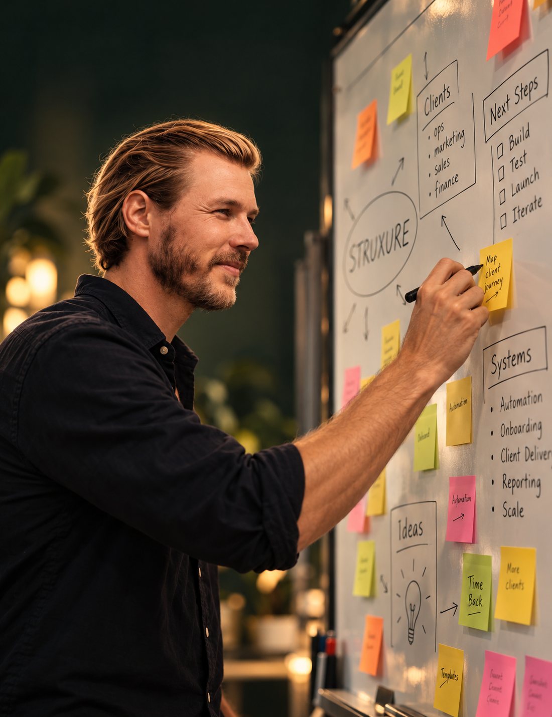 Graham at a whiteboard, mapping a client's clients, systems and next steps